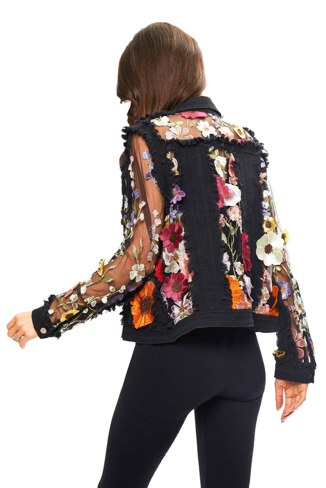 Front image of Adore black multi embroidered denim frayed edge jacket. 