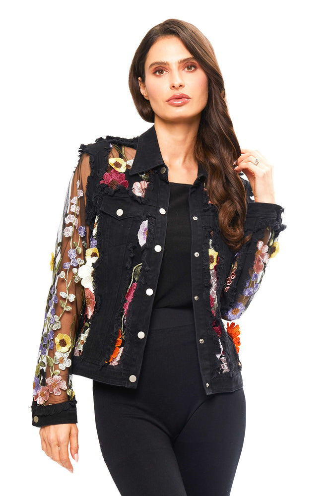 Embroidered Denim Jacket with Frayed Edge