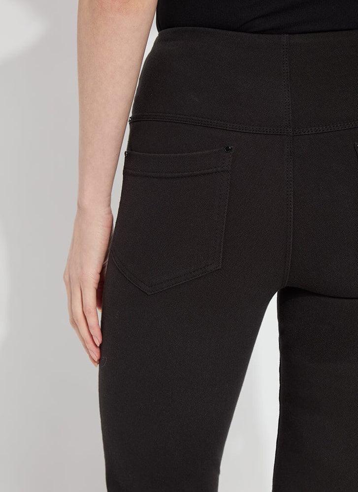 Back pocket detail image of Lysse Baby Bootcut denim pant in black. 