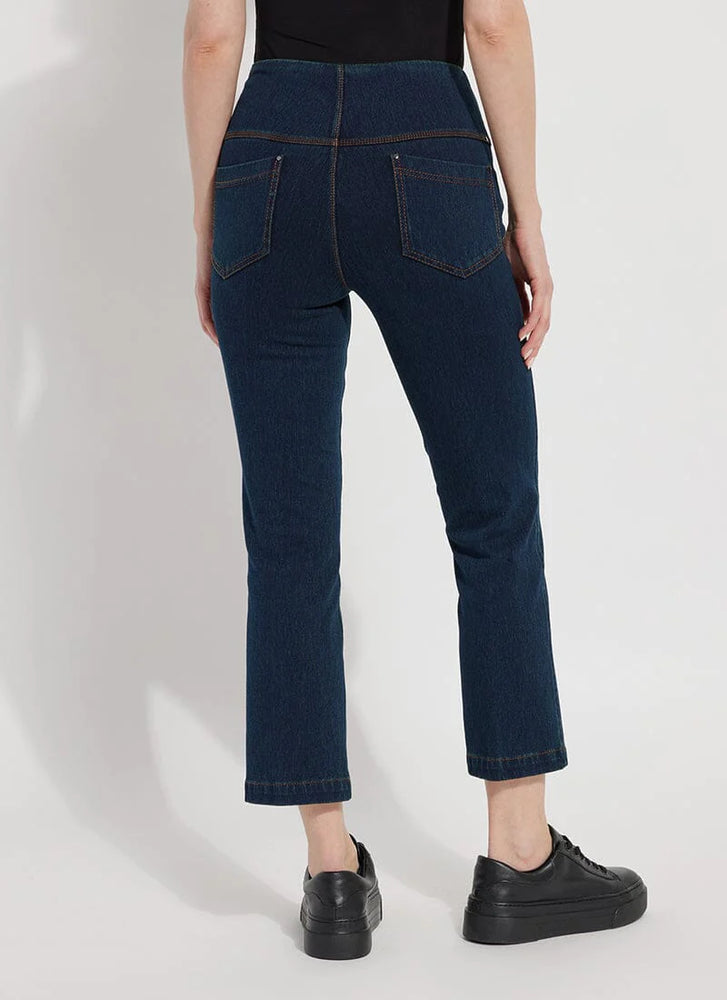 Back image of Lysse ankle denim baby bootcut bottoms. Indigo denim pull on cropped bottoms. 