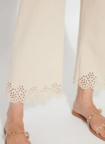 Front detail image of Lysse cropped embroidered eyelet wide leg in light almond. 