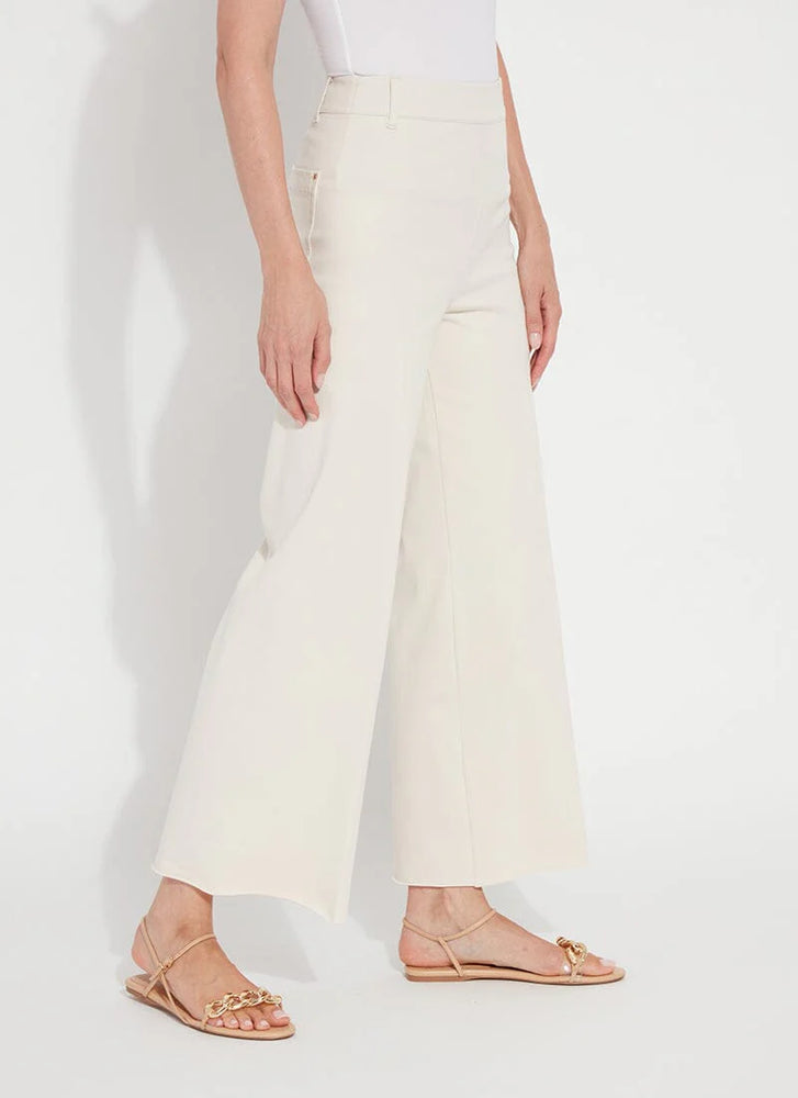 Side image of Lysse Erin wide leg denim bottoms in oat. 