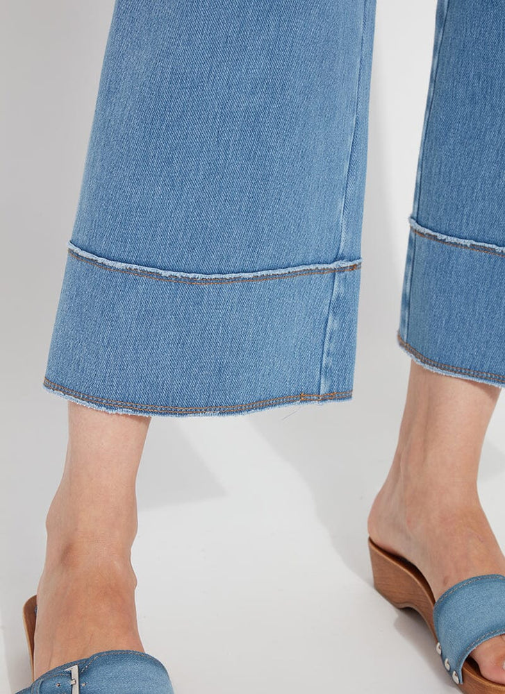 Front leg detail image of Lysse Margo crop denim in bleach blue. 