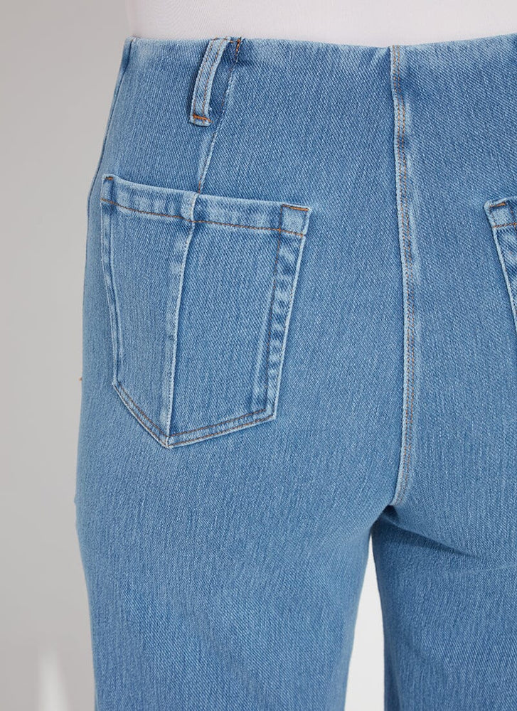 Back detail image of Lysse Margo crop denim in bleach blue. 