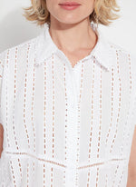 Front detail image of Lysse cornet cotton eyelet top in white. 