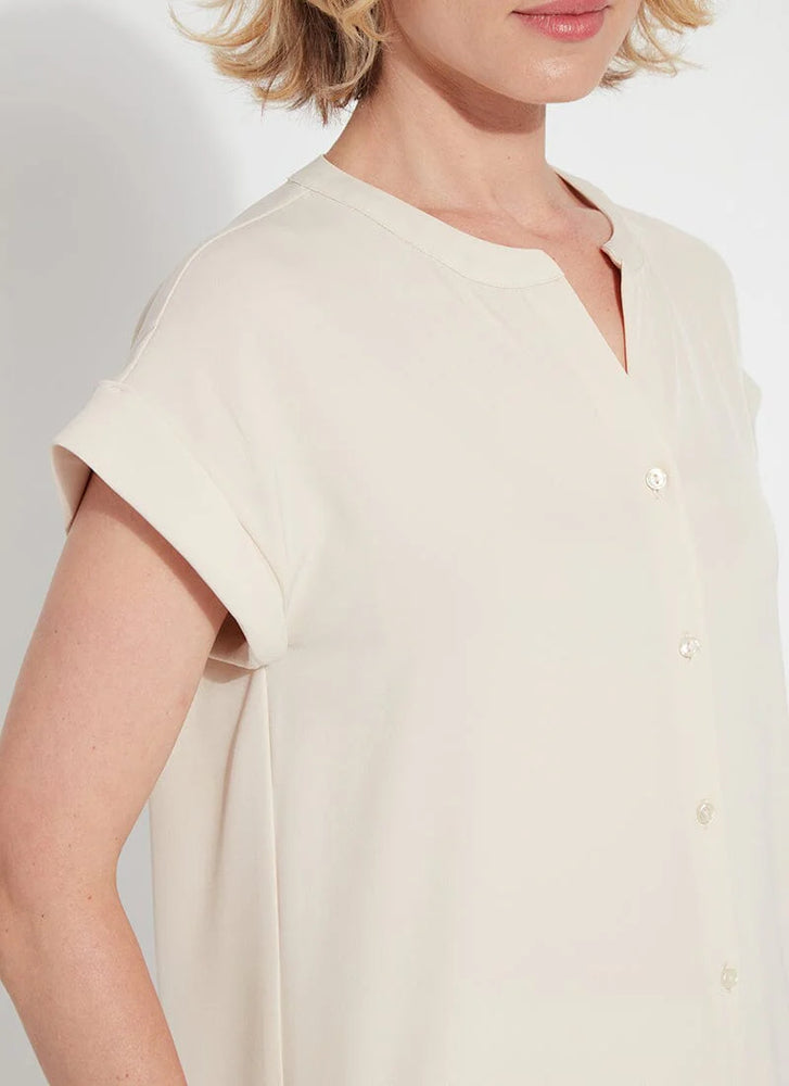 Front image of Lysse tempo short sleeve shirt in light almond. 