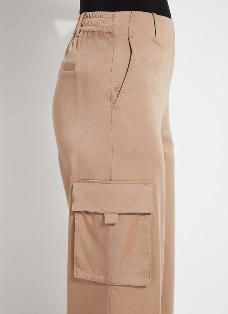 Side detail image of Lysse calypso cropped cargo pants in tanned. 