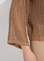 Knit detail image of Lysse Harper Linen Mesh Cardigan in tanned. 