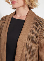 Front detail image of Lysse Harper Linen Mesh Cardigan in tanned. 