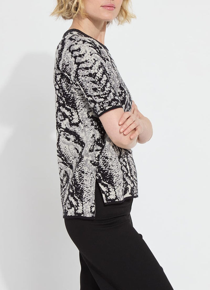 Side image of Lysse Preston Knit Sweater printed top. 