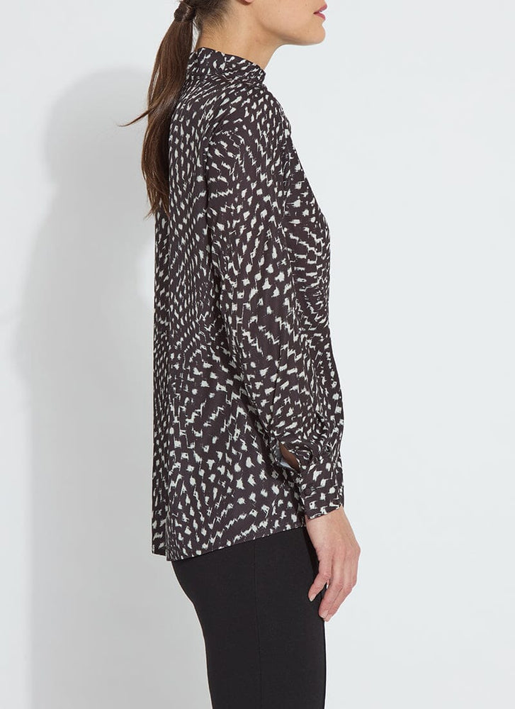 Side image of Lysse high neck blouse in blizzard check.