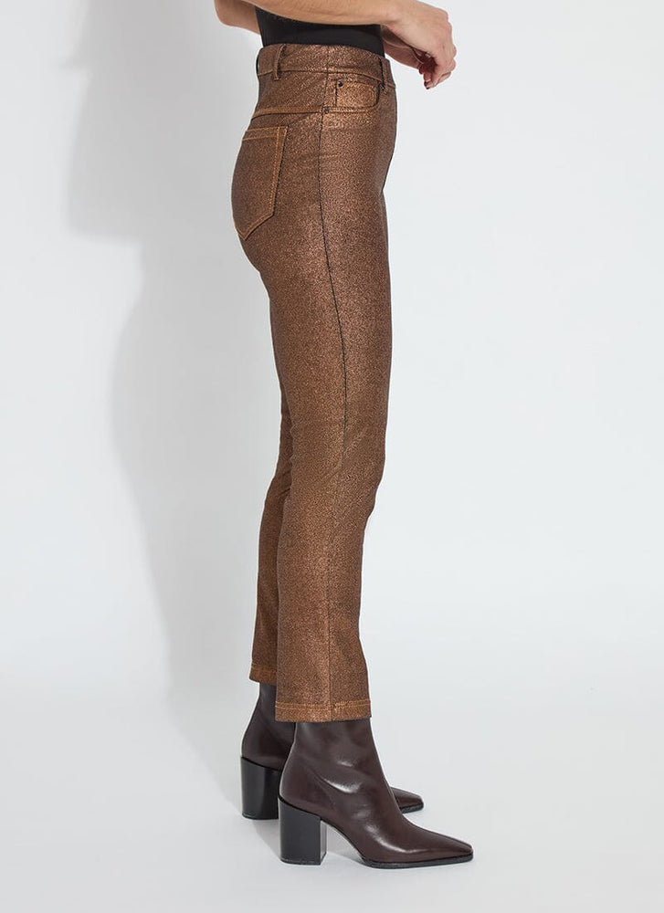 Side image of Lysse metallic coated straight denim pant. 