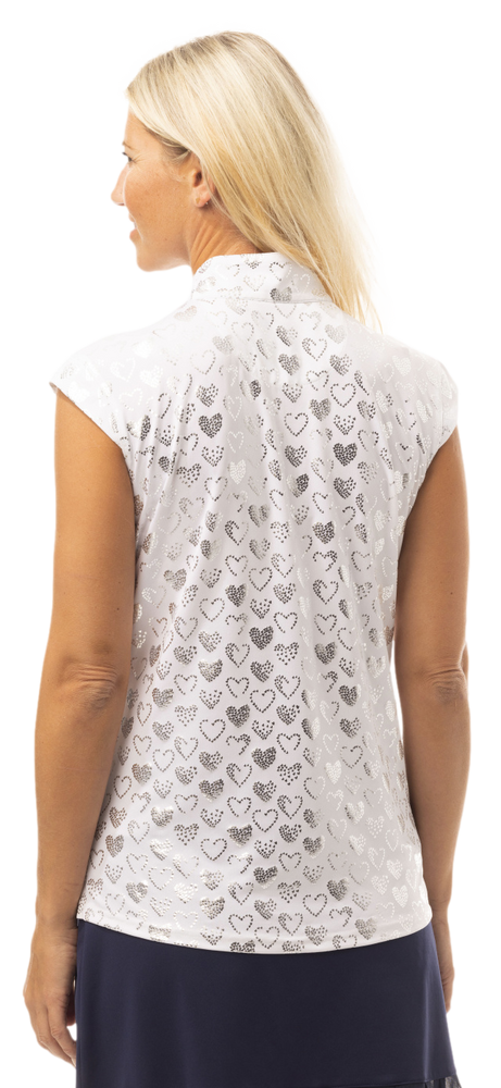 Back image of SanSoleil sleeveless mock neck top in white and silver heartbreaker. 