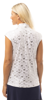 Back image of SanSoleil sleeveless mock neck top in white and silver heartbreaker. 