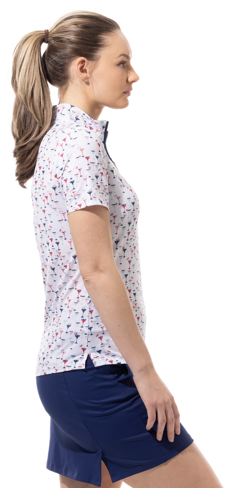 Side image of SanSoleil short sleeve mock neck top. 