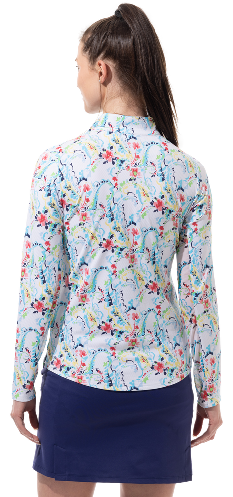 Back image of SanSoleil long sleeve mock neck top in Chantilly Multi. 