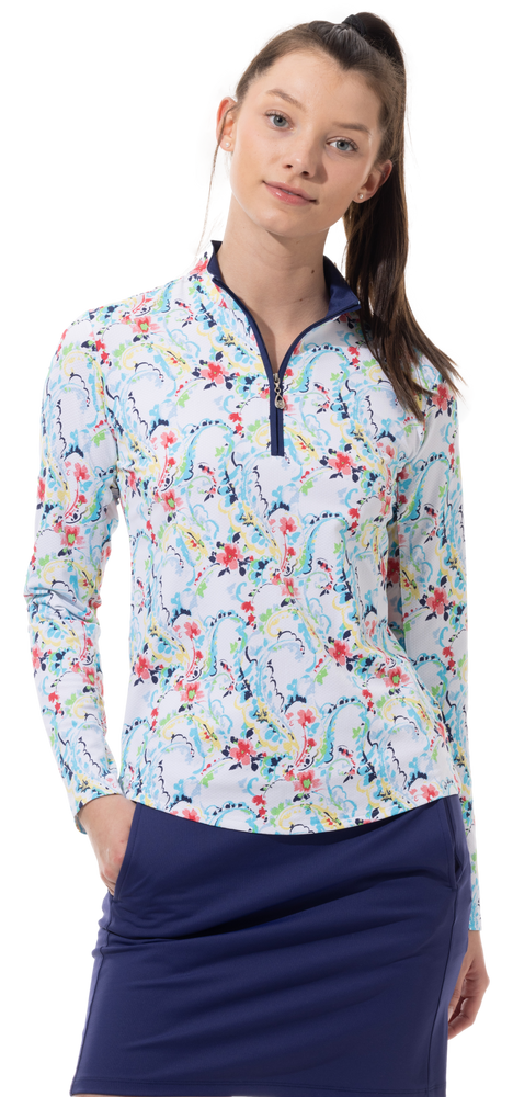 Front image of SanSoleil long sleeve mock neck top in Chantilly Multi. 