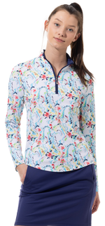 Front image of SanSoleil long sleeve mock neck top in Chantilly Multi. 