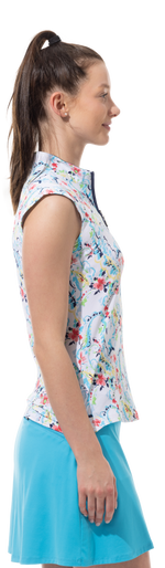 Side image of SanSoleil sleeveless mock neck top in chantilly multi print. 