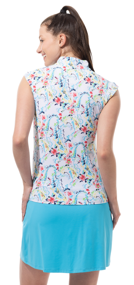 Back image of SanSoleil sleeveless mock neck top in chantilly multi print. 