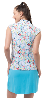 Back image of SanSoleil sleeveless mock neck top in chantilly multi print. 