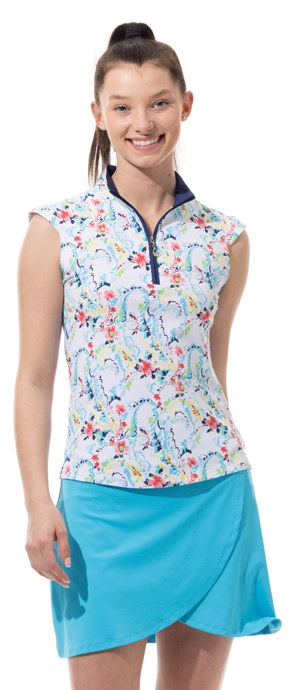 Front image of SanSoleil sleeveless mock neck top in chantilly multi print. 