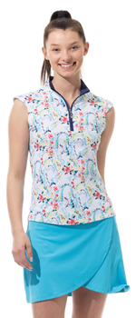 Front image of SanSoleil sleeveless mock neck top in chantilly multi print. 