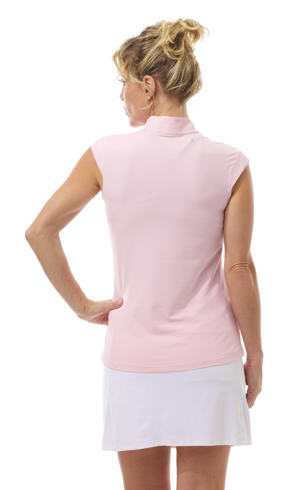 Back image of SanSoleil ballet pink mock neck top. 