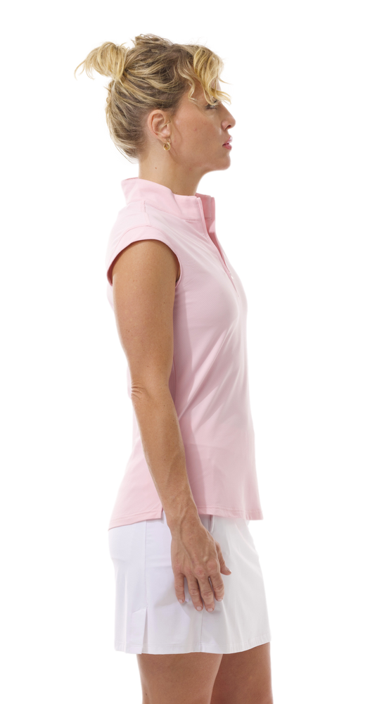 Side image of SanSoleil ballet pink mock neck top. 