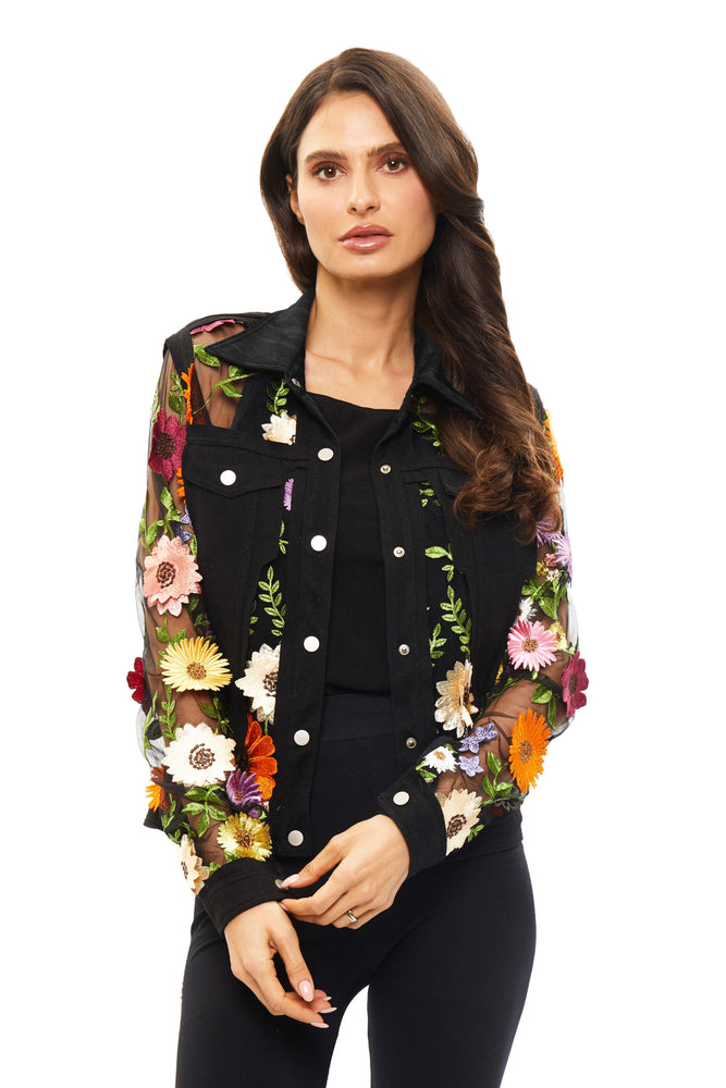 Front image of Adore embellished jacket with flowers. 