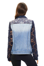 Back image of Adore blue denim jacket with navy lace detail.