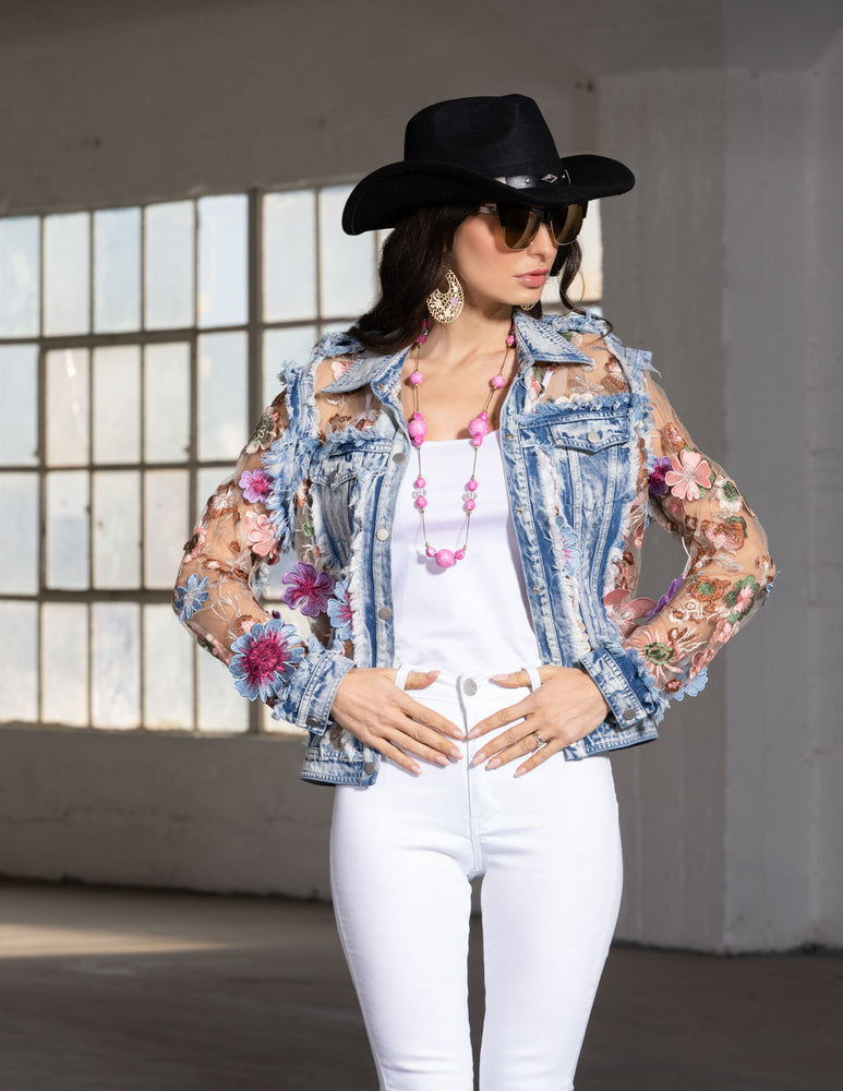 Front image of Adore floral embroidered denim jacket. 