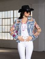 Front image of Adore floral embroidered denim jacket. 