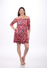 Front image of Fashque red print off the shoulder top.