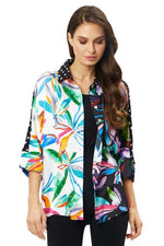 Front image of Adore mixed media button front top. Multi printed blouse. 