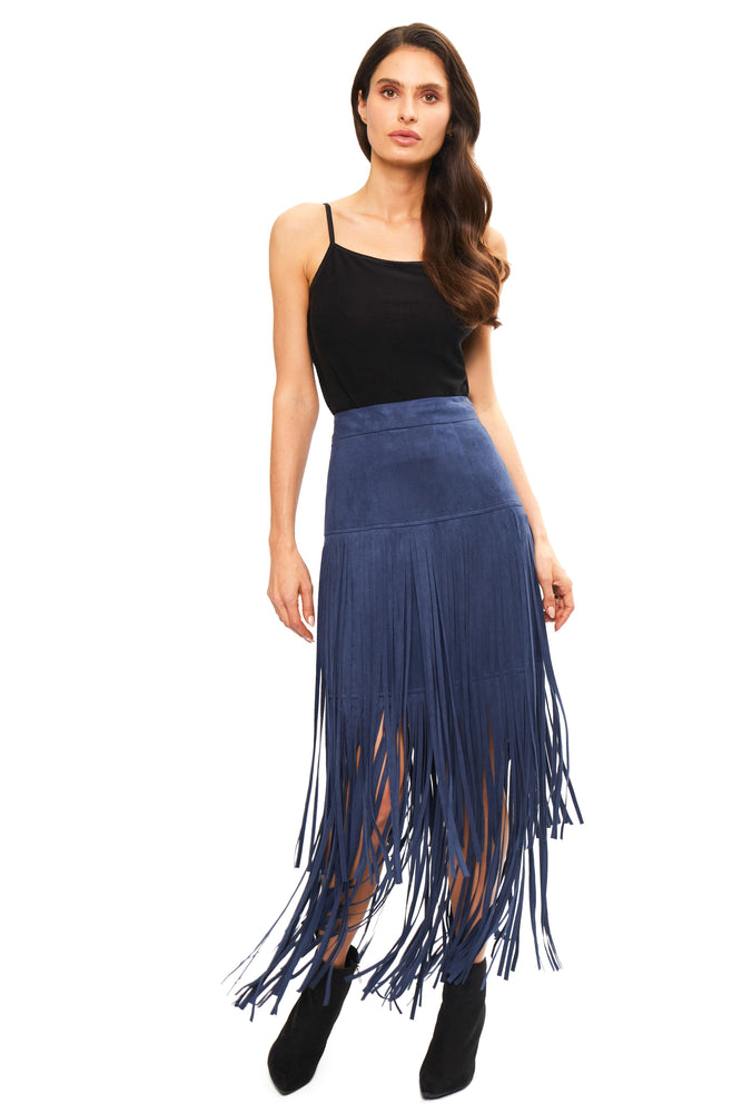 Front image of Adore blue fringe skirt.