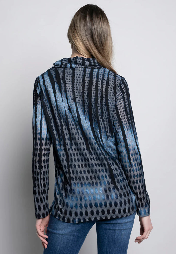 Back image of Picadilly blue printed cowl neck top.