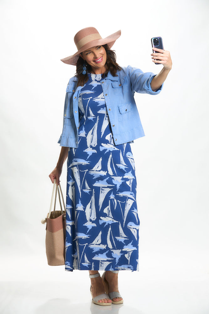 Front image of Anaclare emile maxi dress in blue and white bahama breeze. 