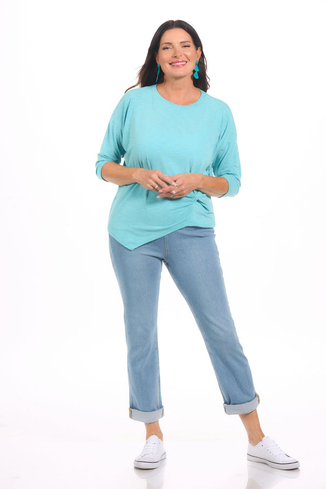 Front image of nally&millie knot top in aqua blue. 