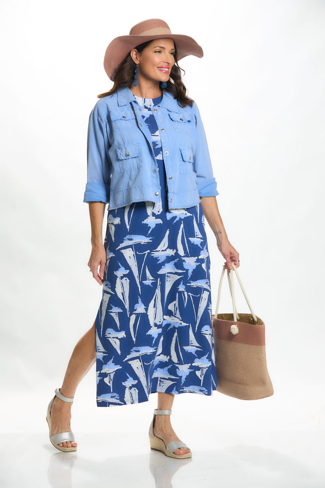 Front image of Anaclare emilee maxi dress in blue and white bahama breeze. 