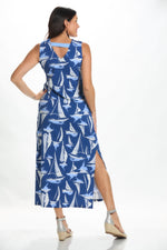 Back image of Anaclare emilee maxi dress in blue and white bahama breeze. 