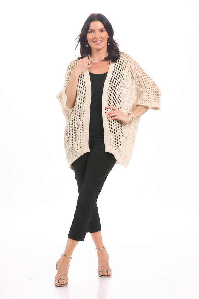 Front image of Gigi Moda open knit cardigan in beige. 