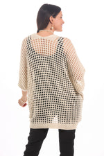 Back image of Gigi Moda open knit cardigan in beige. 