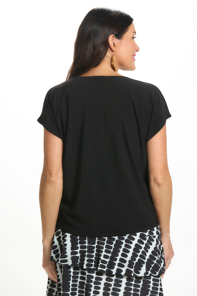 Back image of Mimozza short sleeve knot detail top in black. 