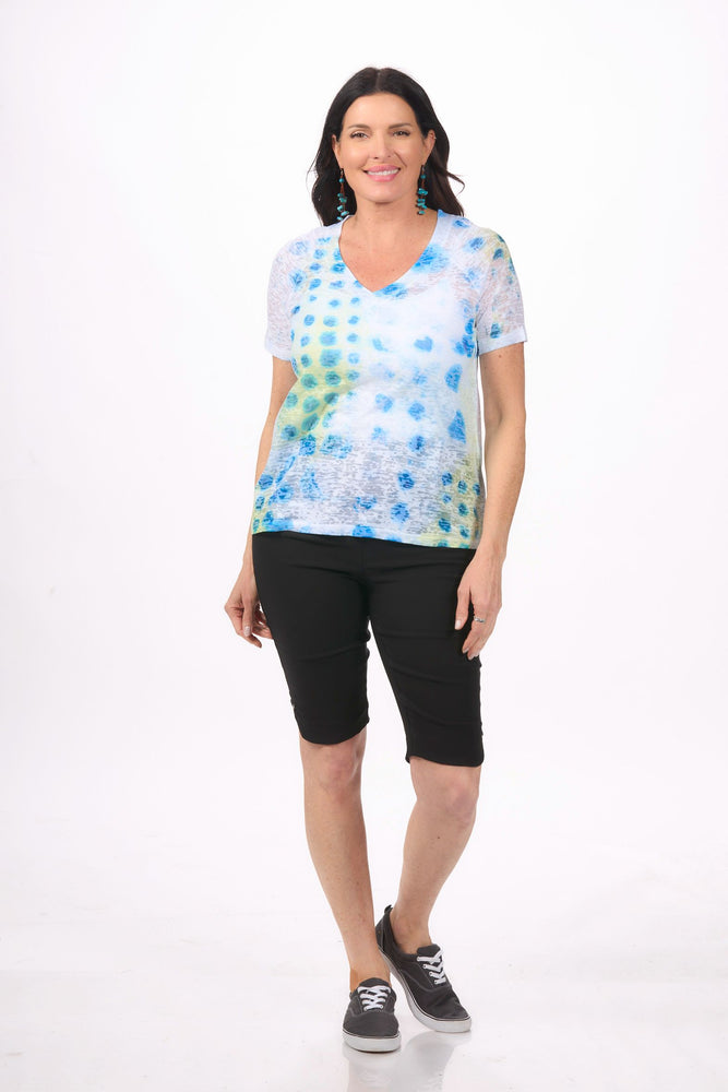 Front image of impulse printed short sleeve v neck top.