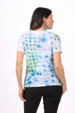 Side image of impulse printed short sleeve v neck top.