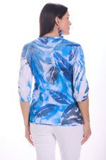 Back image of impluse hazy blue printed roll tab sleeve top. 