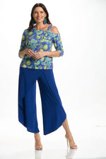 Front image of Mimozza one shoulder top in blue limes print. 