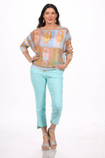 Front image of Look Mode lock printed light blue sweater.