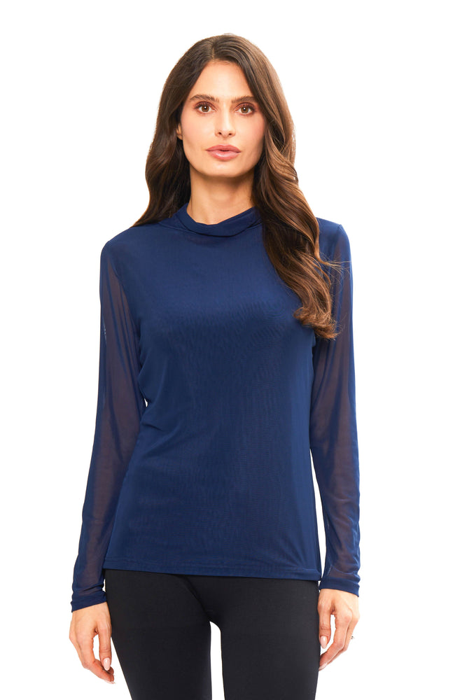 Front image of Adore long sleeve mock neck mesh detail top. 